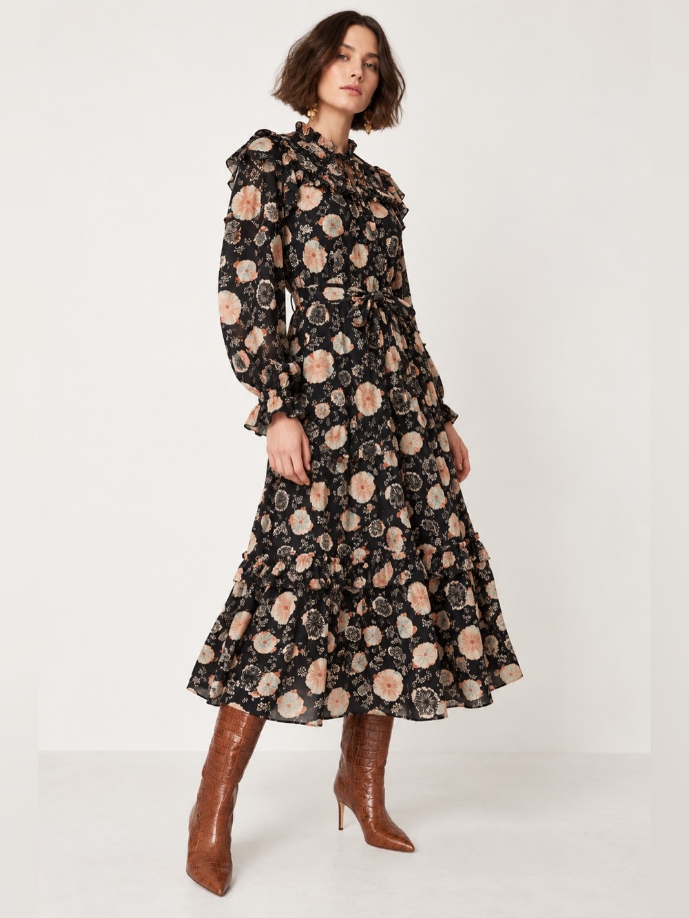 Ulla Johnson Winnifred Noir Floral Black Poppy Ruffle Tiered Midi Dress Size 4